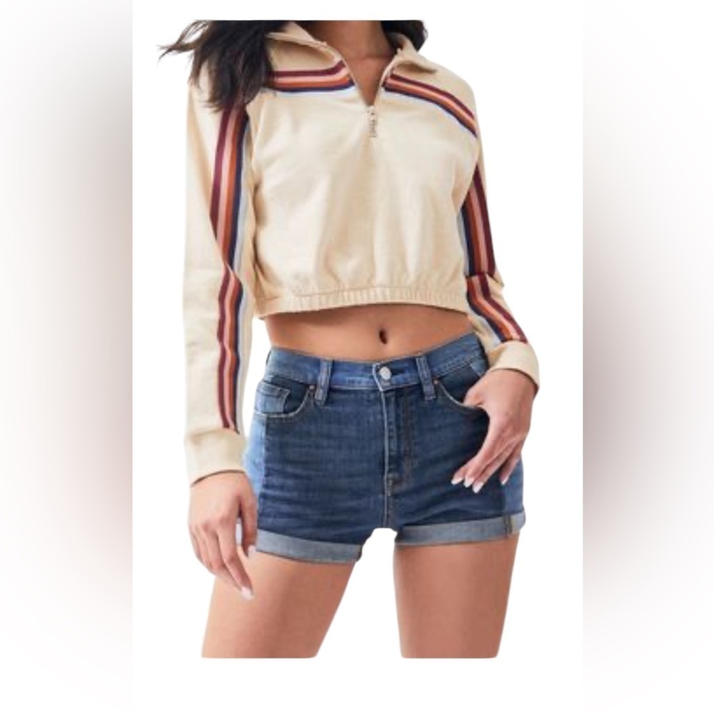 PS/LA California Beige Striped Quarter Zip Cropped Sweatshirt Size Small